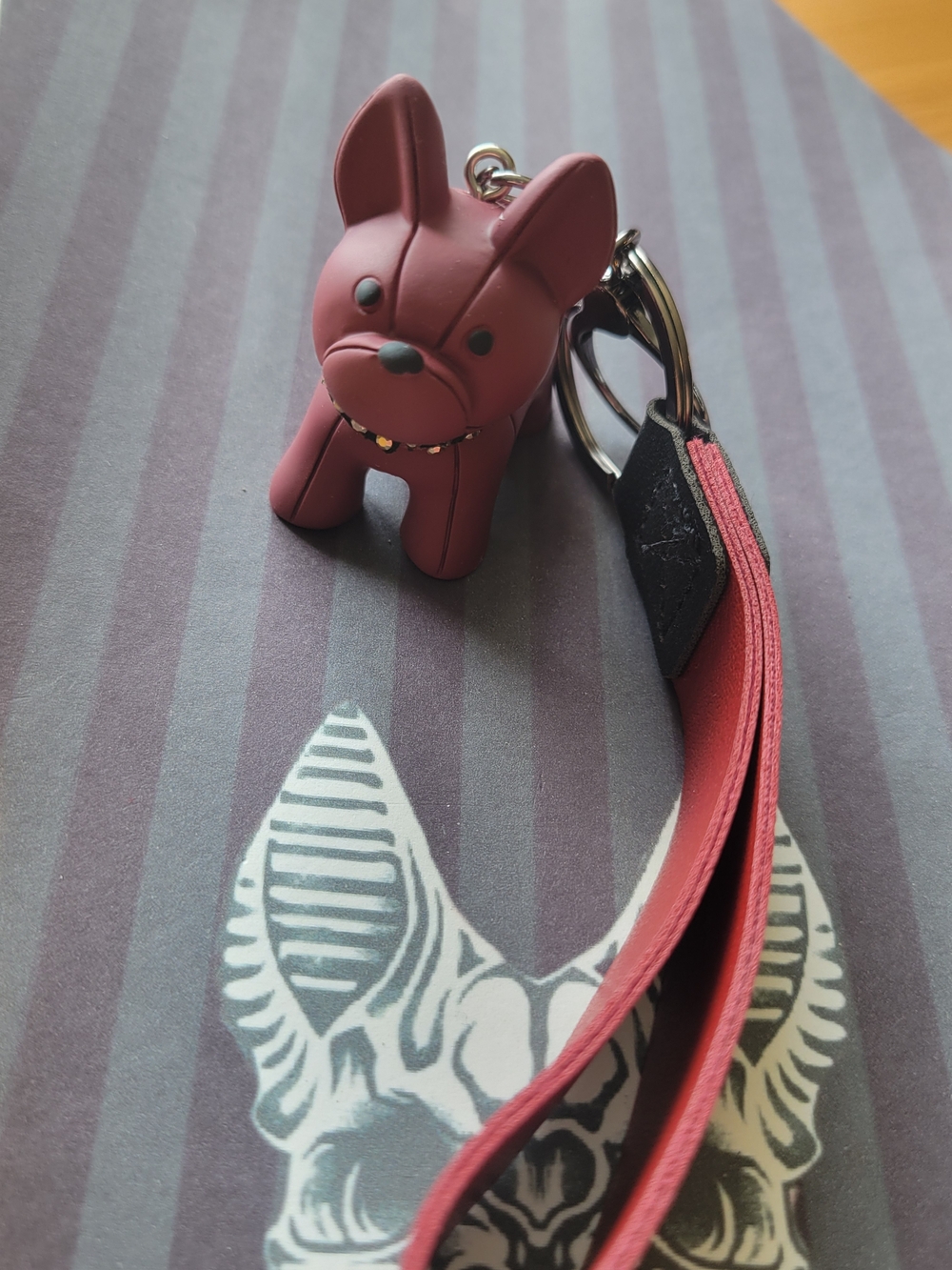 Cute Dark Red Bulldog Keychain with Strap